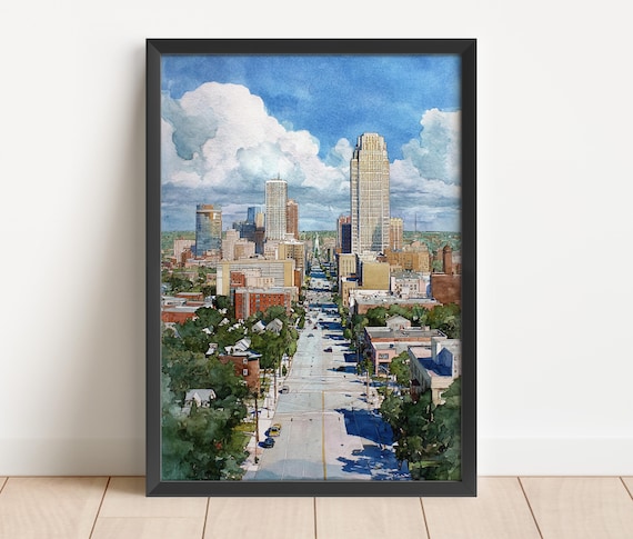 Omaha Nebraska Watercolor Art Travel Print Ne Artwork Decor Skyline Wall
