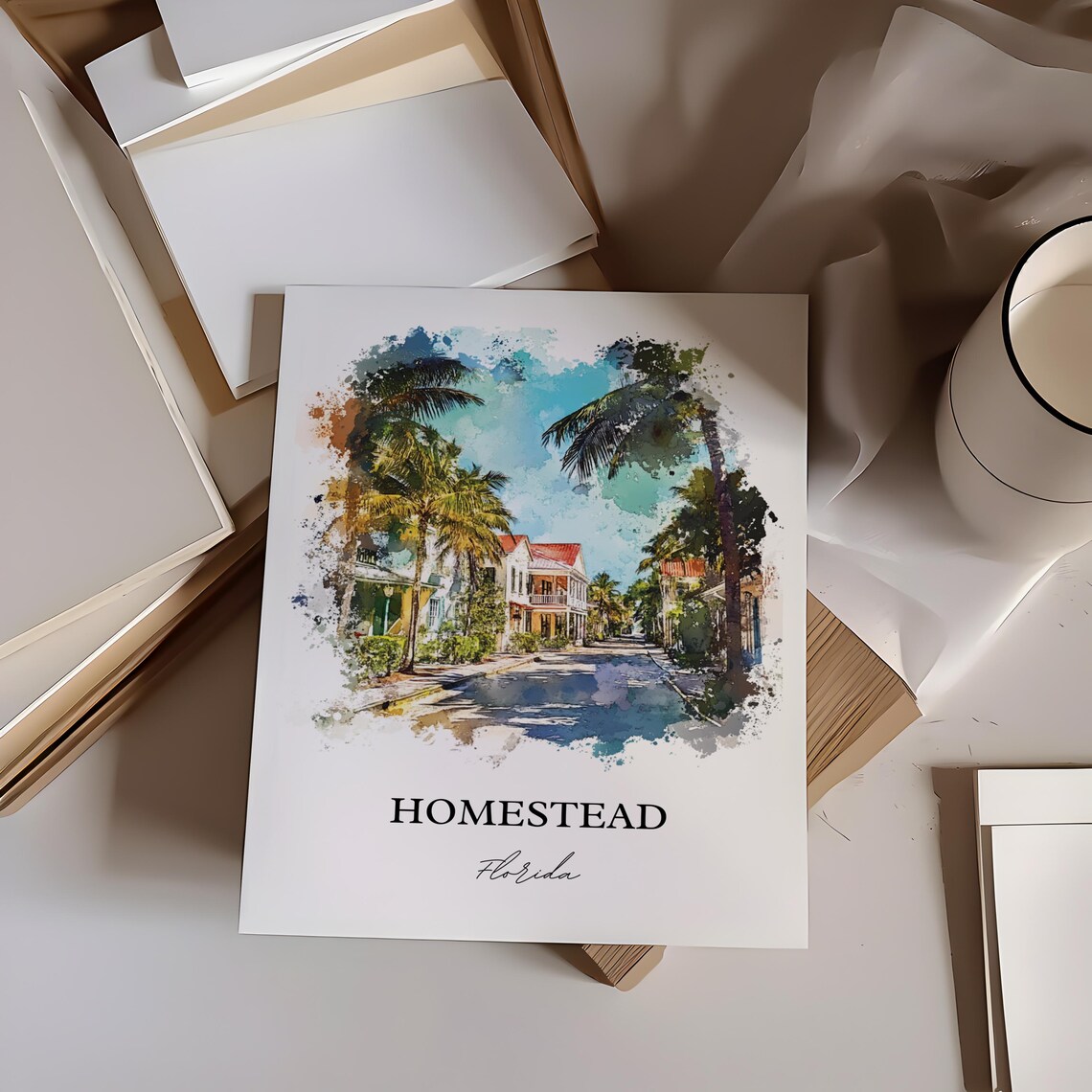 Homestead Florida Historic Palm Lined Street Watercolor Travel Poster - Image 3
