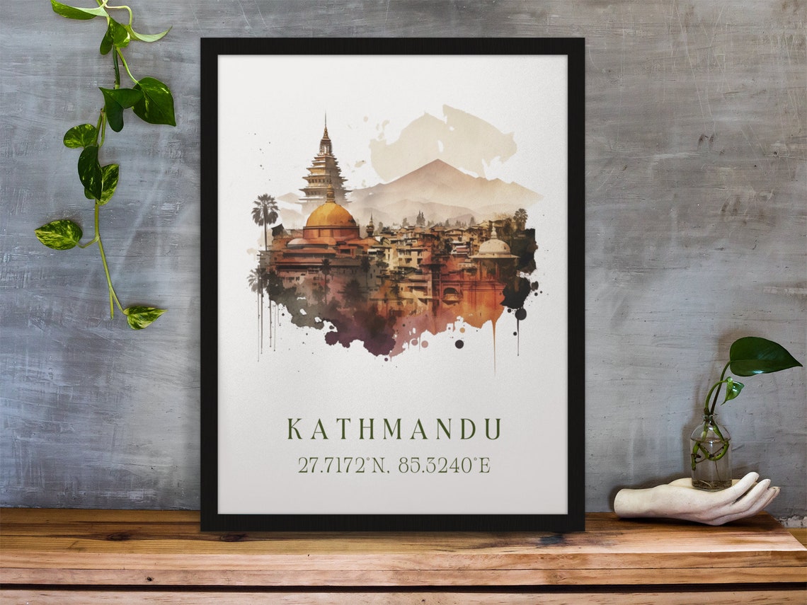 Kathmandu Nepal Temple Watercolor Travel Art Poster With Coordinates - Image 3