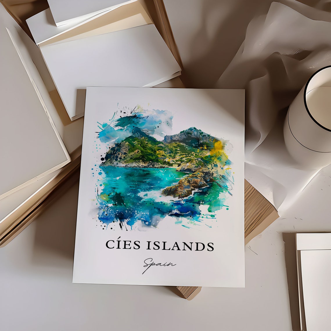 Cies Islands Spain Turquoise Coast Mountain Watercolor Sea Poster - Image 6