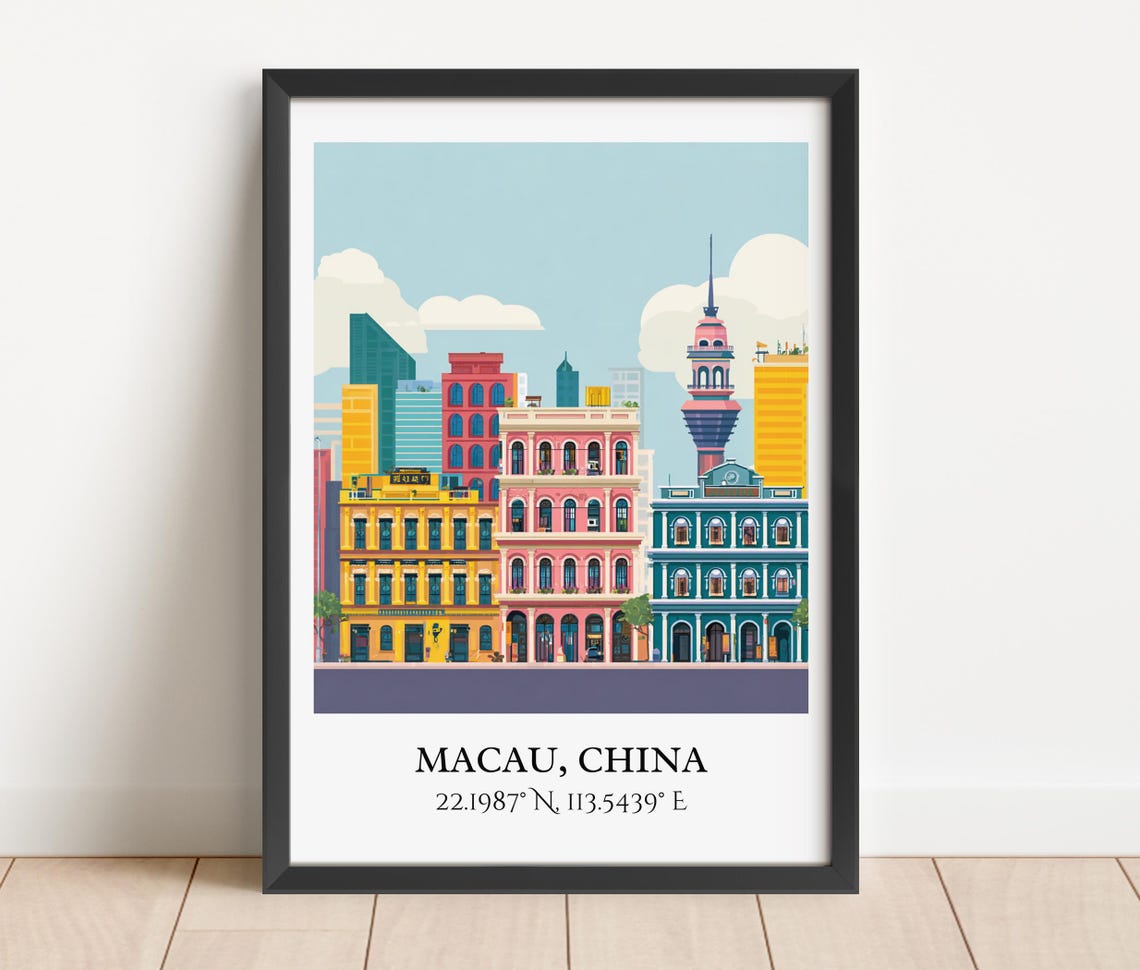 Macau China Colonial Buildings Pastel Flat Illustration Travel Poster - Image 2