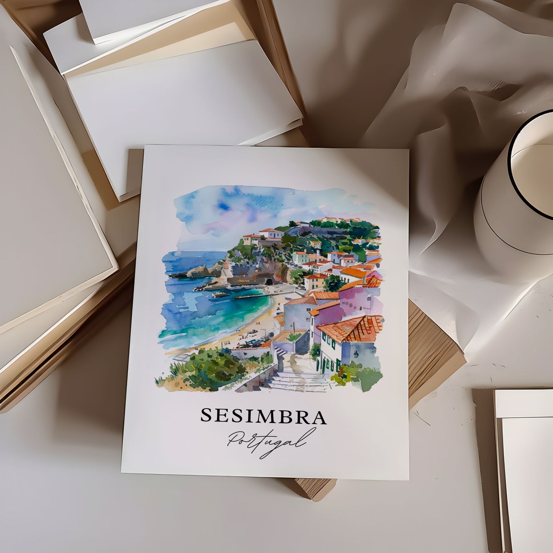 Sesimbra Portugal Coastal Beach Town Watercolor Cliffside Poster - Image 6
