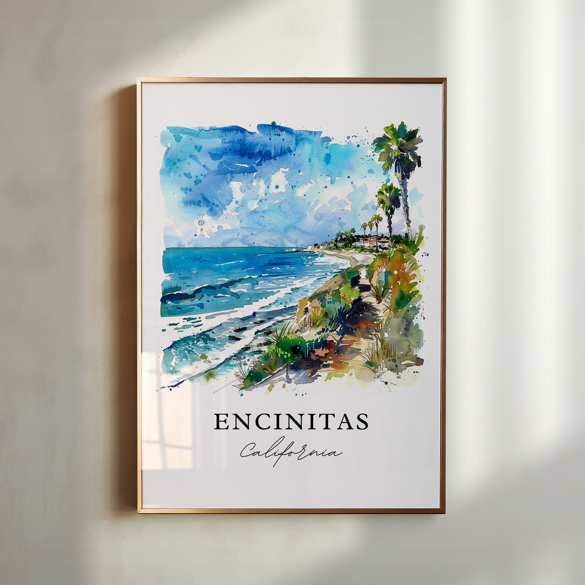 Encinitas California Watercolor Coastal Bluffs Palm Surf Poster