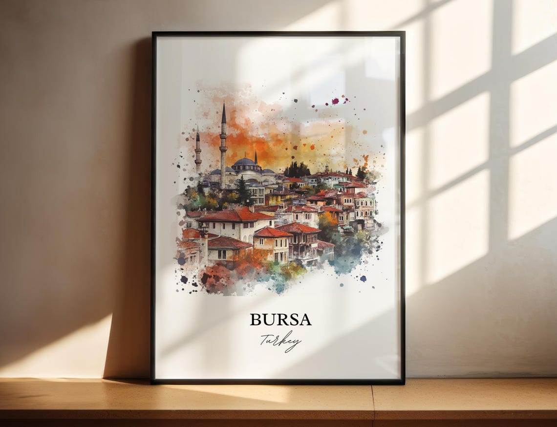 Bursa Turkey Watercolor Old Town Mosque Skyline Travel Poster
