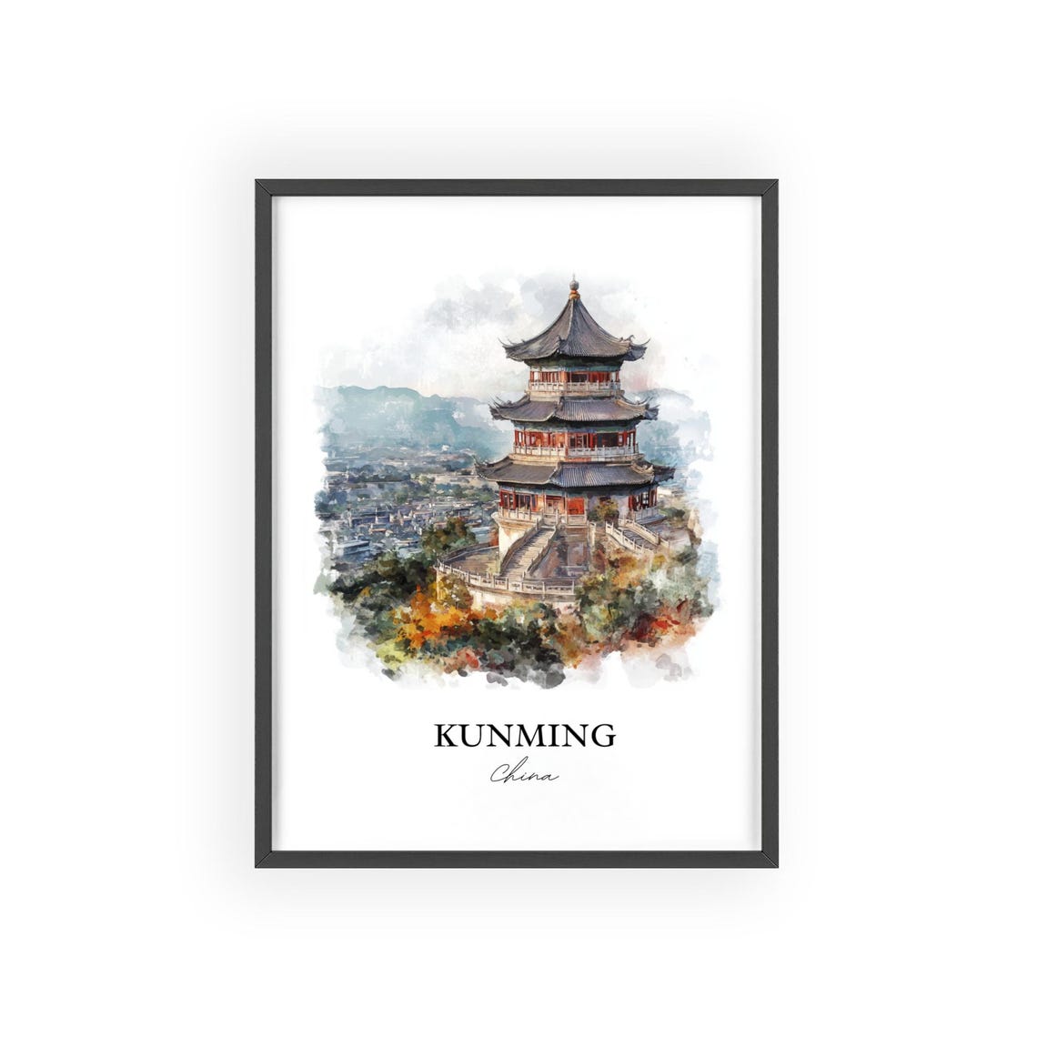 Kunming China Watercolor Pagoda Hills City Skyline View Poster - Image 2