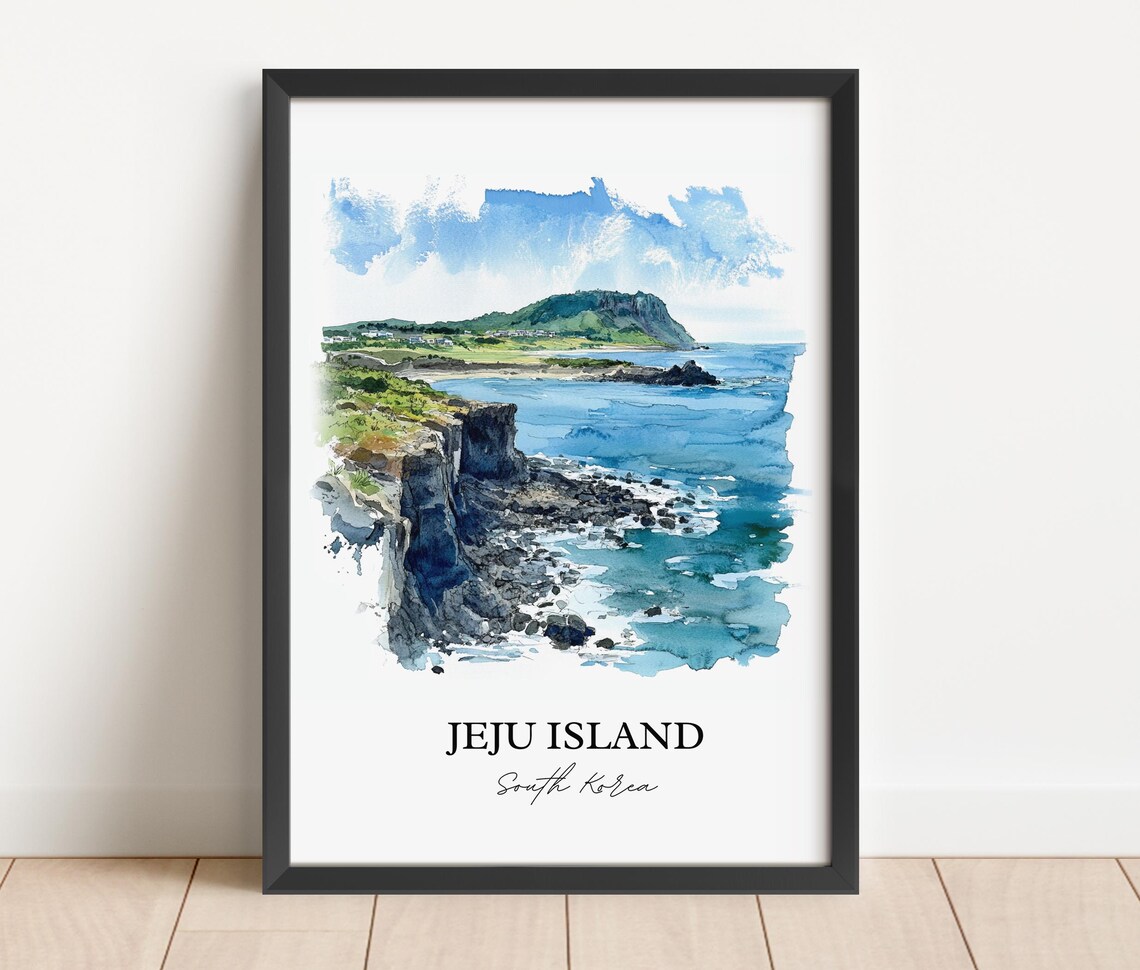 Jeju Island South Korea Volcanic Coast Cliffs Watercolor Travel Poster - Image 4