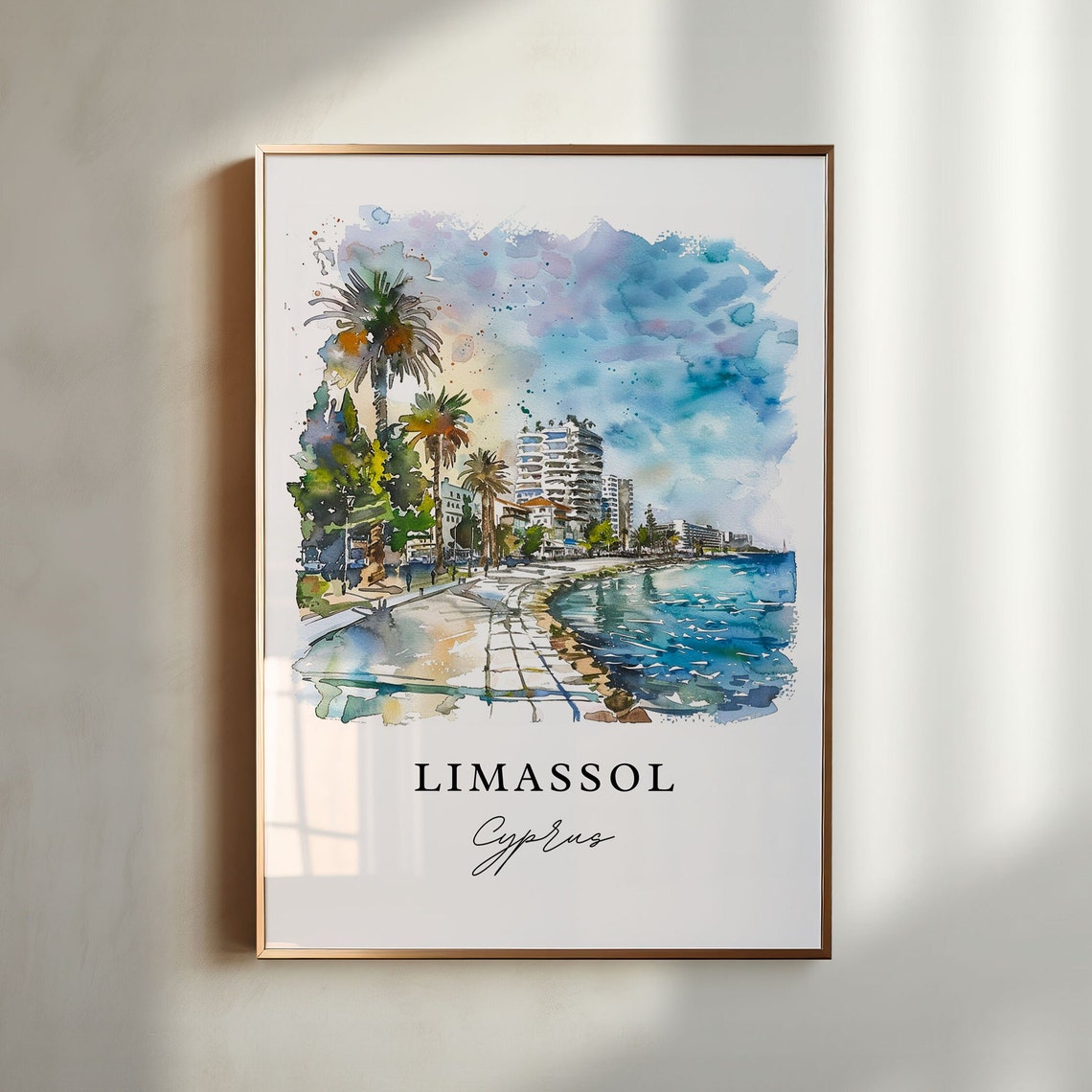 Limassol Cyprus Watercolor Seaside Promenade Palm Trees Poster
