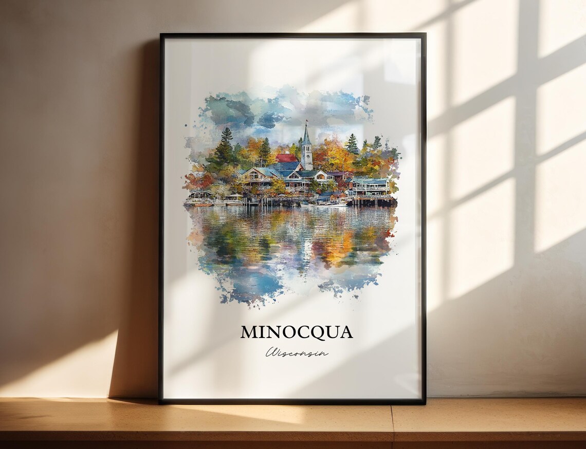 Minocqua Wisconsin Watercolor Lakeside Village Church Steeple Poster