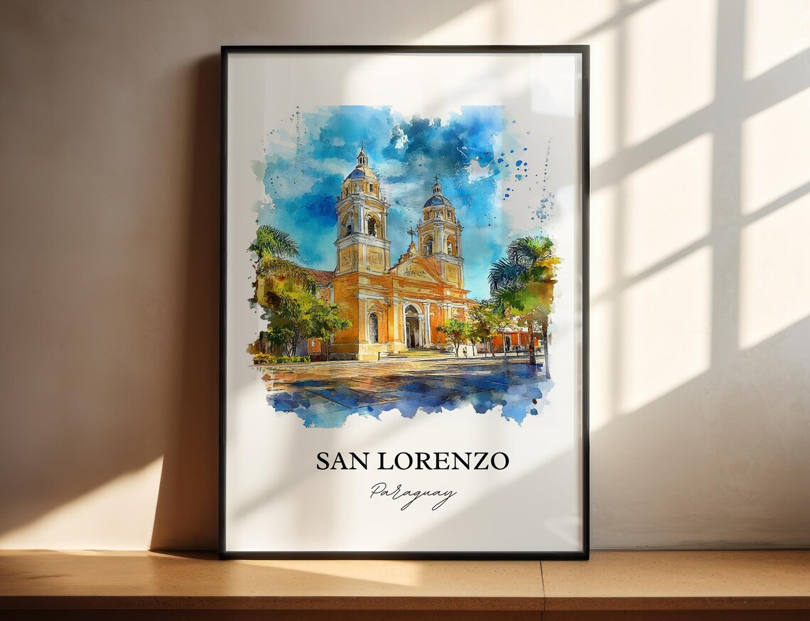 San Lorenzo Paraguay Watercolor Cathedral Twin Towers Travel Poster