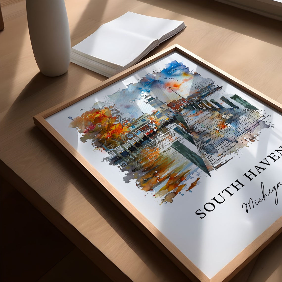 South Haven Michigan Lighthouse Pier Watercolor Harbor Poster - Image 5