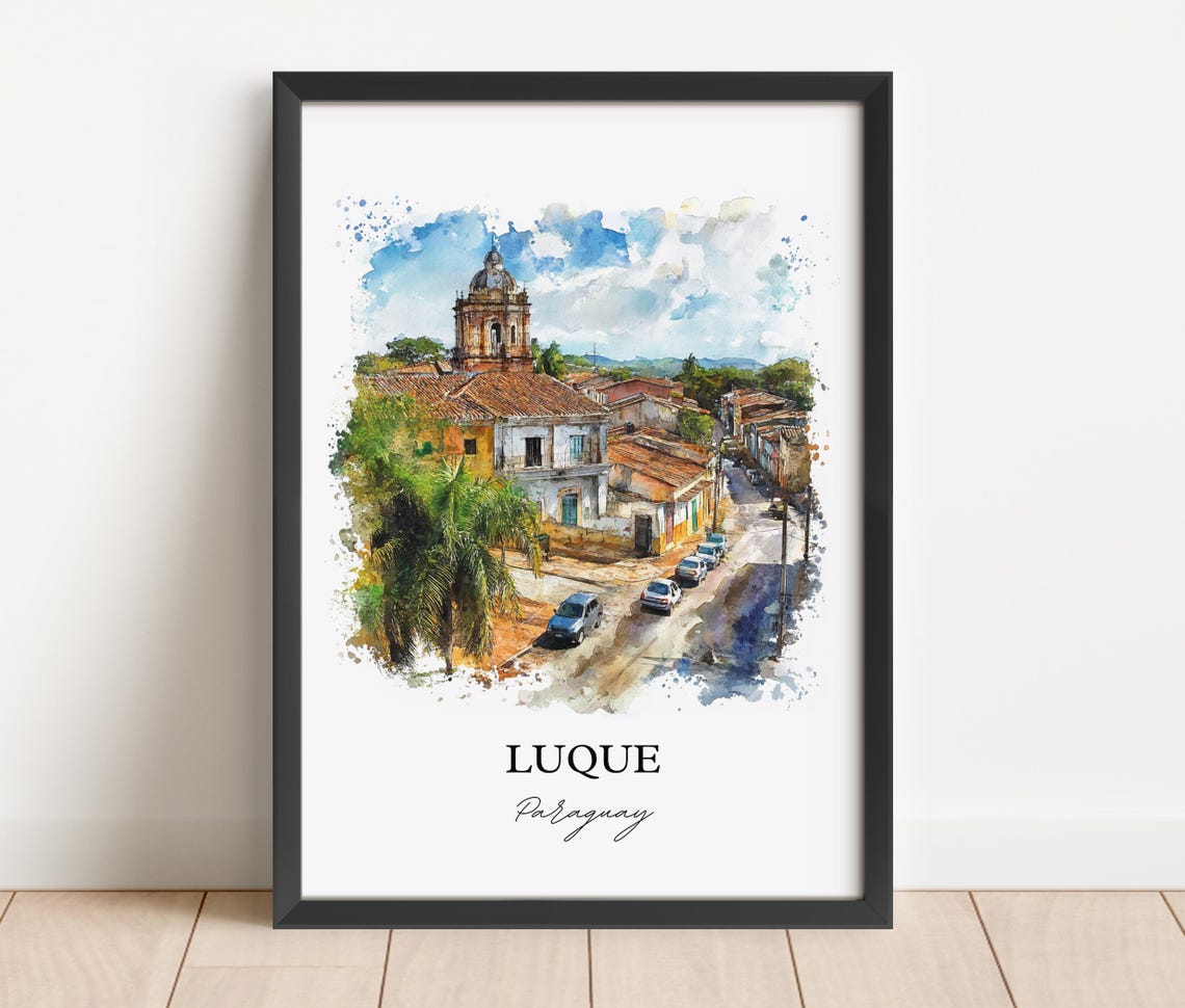 Luque Paraguay Watercolor Colonial Street Church Tower Poster - Image 3