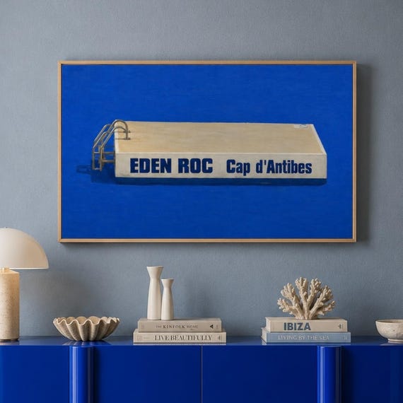 Eden Roc Platform Print Horizontal Blue Contemporary Oil Painting Wall Art Hand Drawn Summer French Riviera Mediterranean Coast Poster
