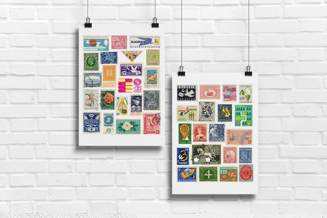 Vintage Stamps Collage Set of Two, Bohemian Art Print - Image 3