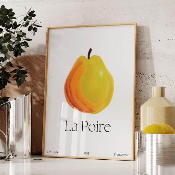 La Poire Vintage Pear Print French Country Wall Art Botanical Kitchen Decor Rustic Fruit Illustration