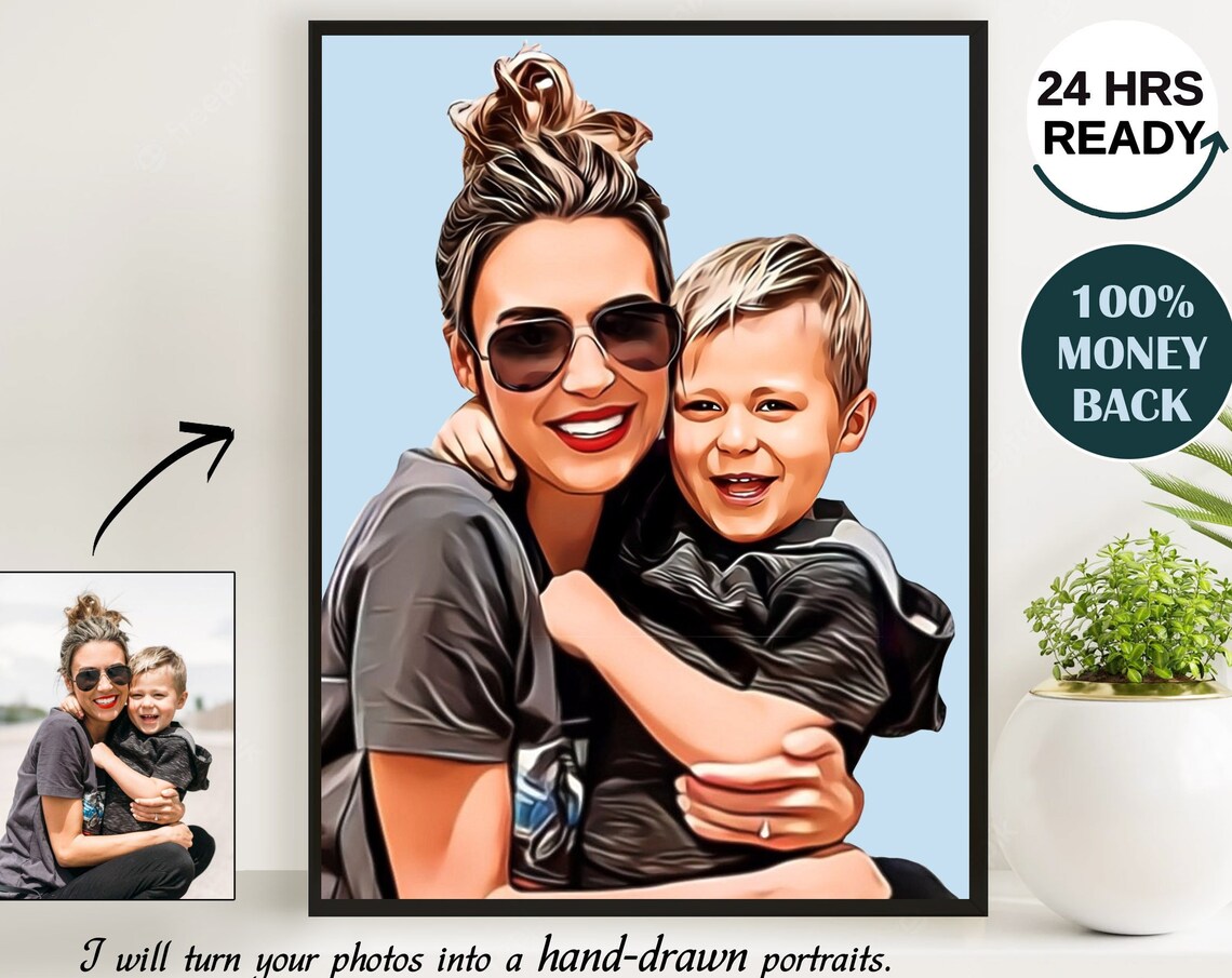 Loving Mother and Son Hug Cheerful Cartoon Pop Art Family Poster