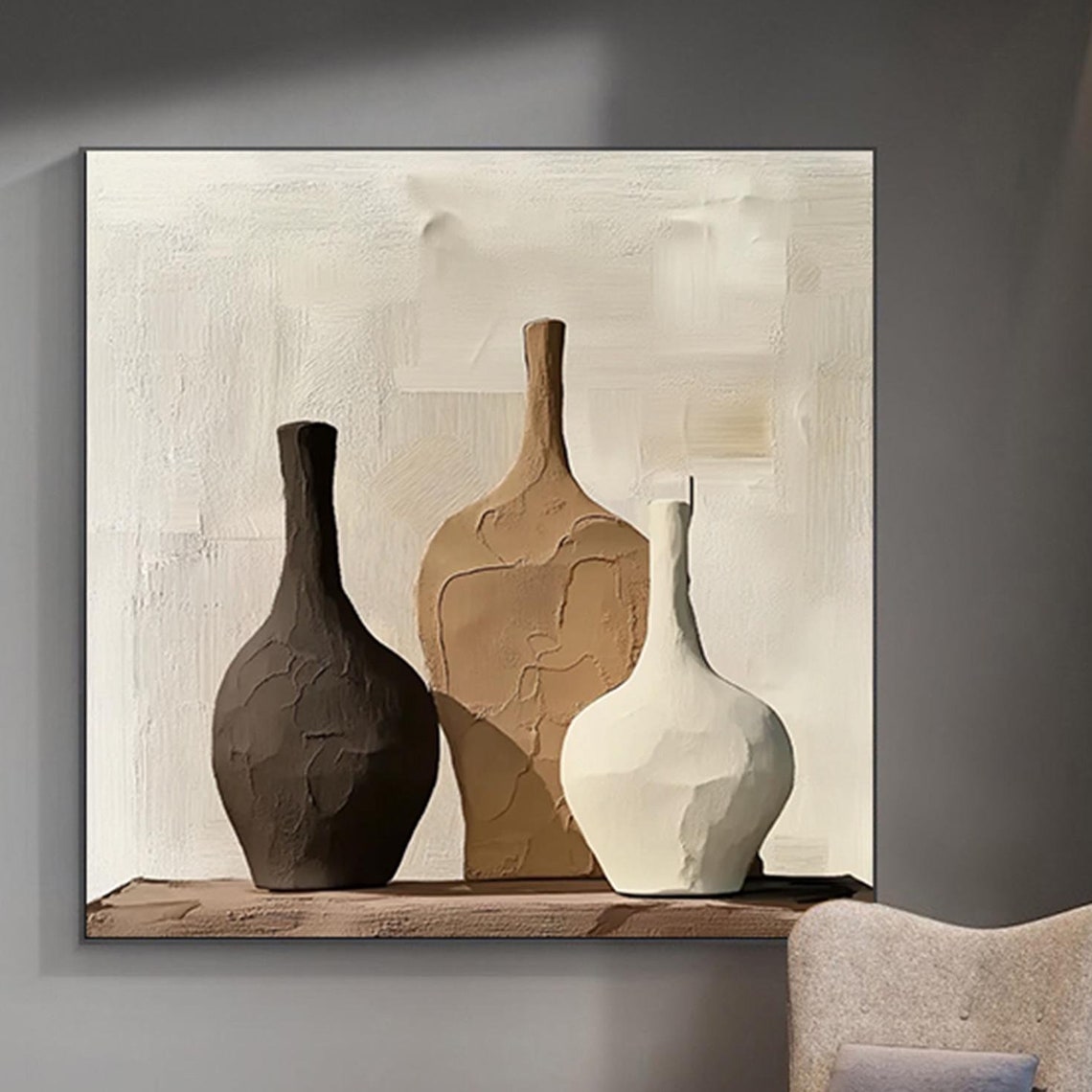 Clay Vases Still Life 3D Textured Impasto Painting Neutral Wall Art