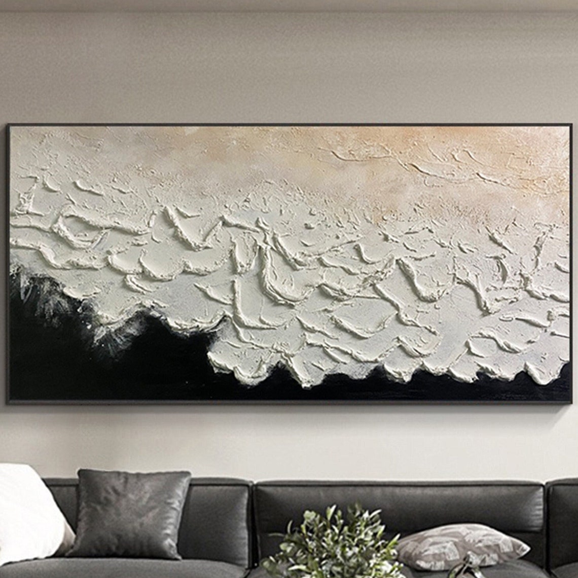 Black White Ocean Waves 3D Textured Impasto Painting Bold Poster