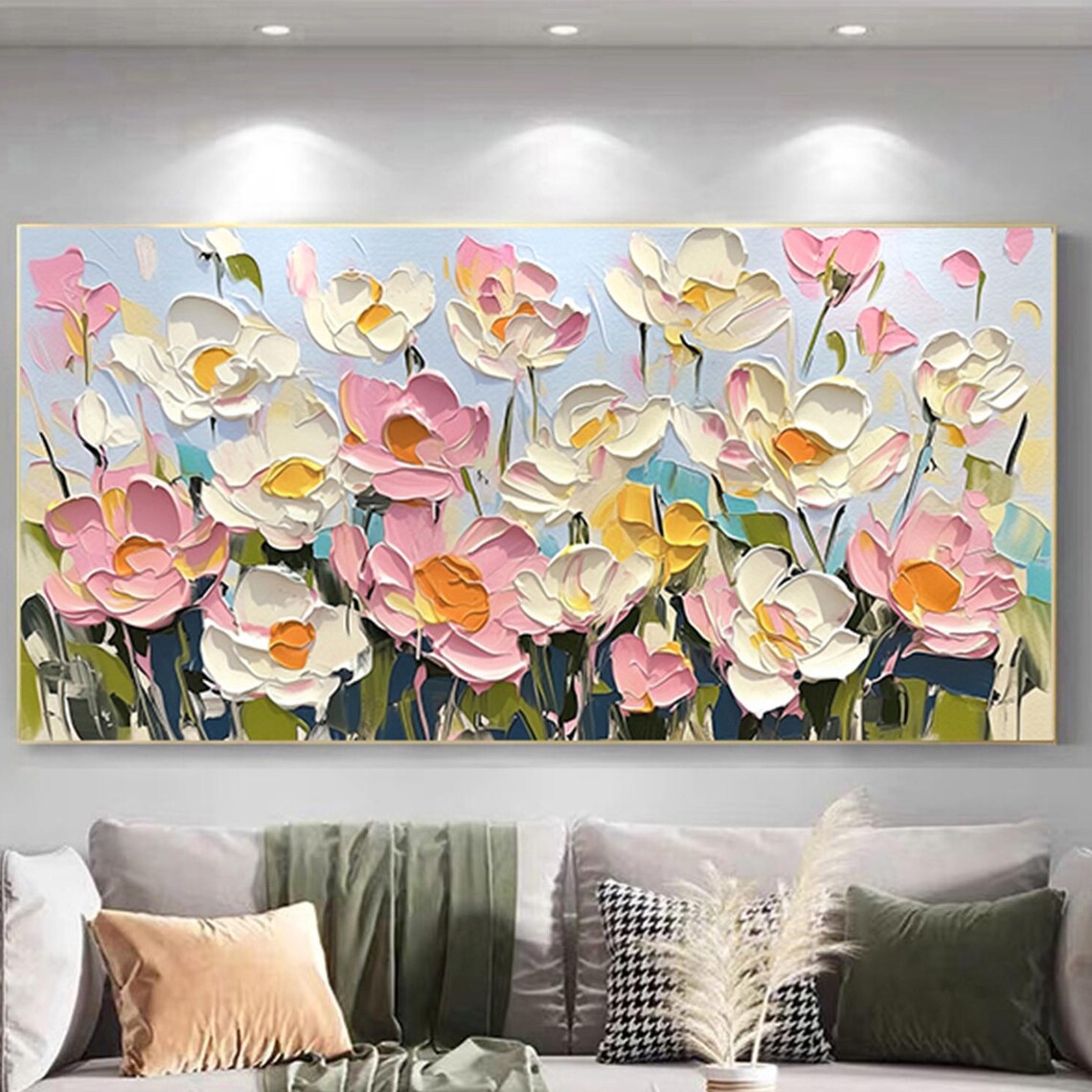 Pink White Flower Teal Navy 3D Textured Floral Painting Poster