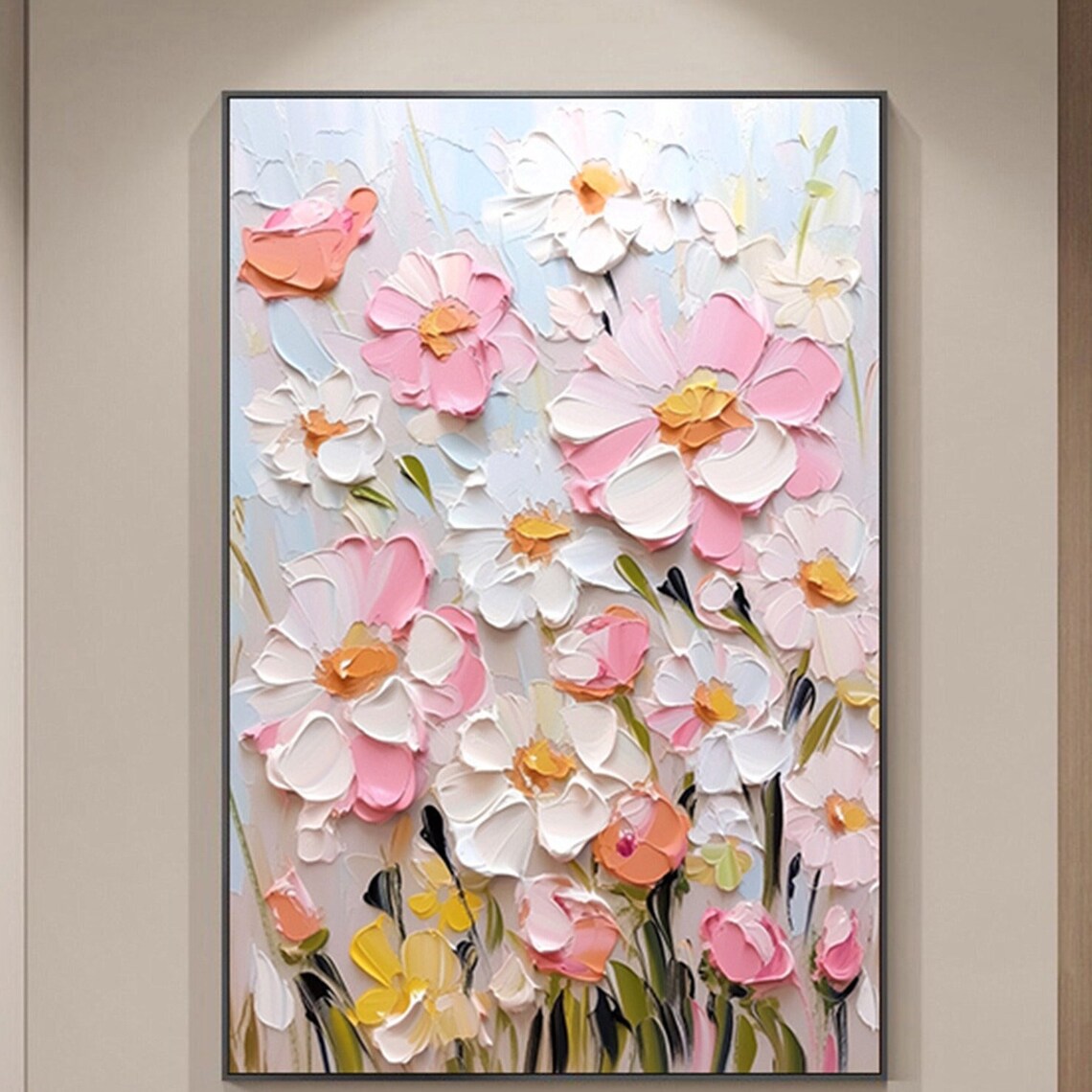 Pink Coral White Impasto Garden Flowers Spring Bouquet Wall Art