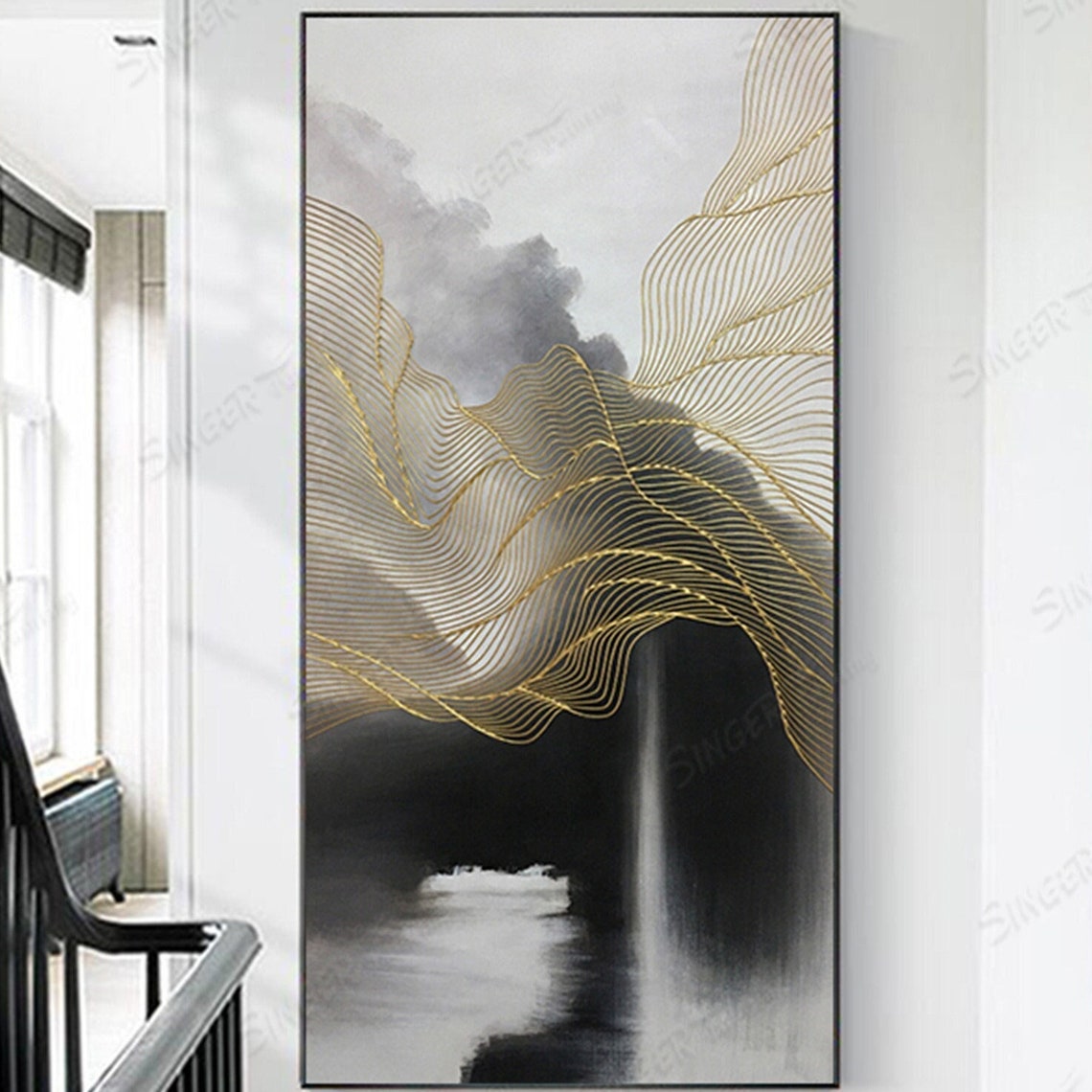 Gold Line Waves Over Misty Peaks Abstract Luxury Wall Art Poster