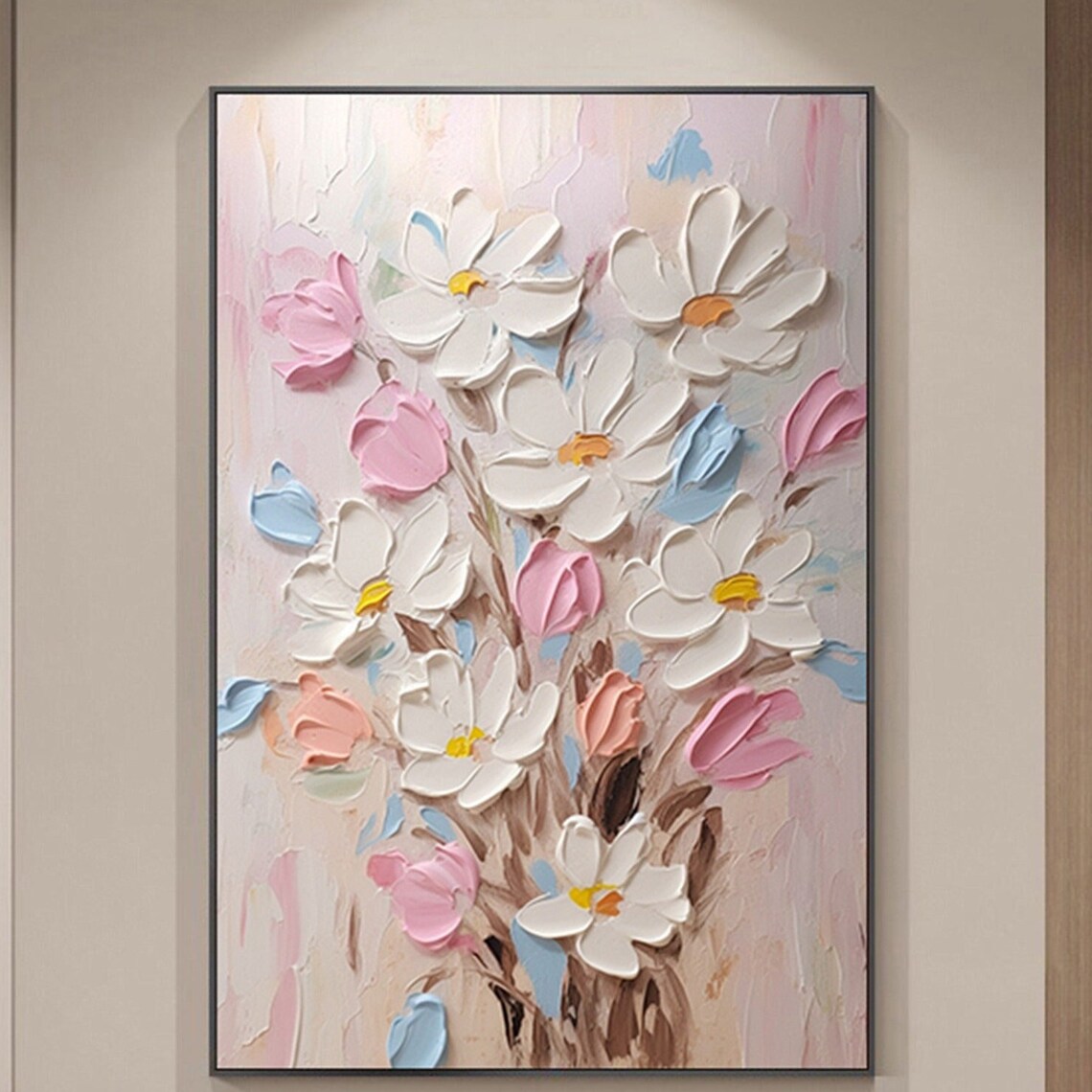 White Pink Daisy Bouquet Pale Blue Vertical Textured Flower Wall Art
