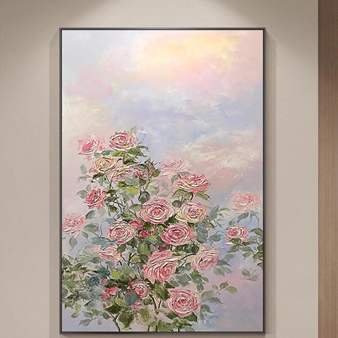 Pink Rose Bush Sunset Sky 3D Textured Floral Painting Poster