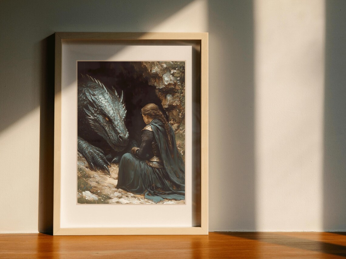 Lady Knight Teal Dragon Cave Medieval Fantasy Romantic Painting Poster - Image 6
