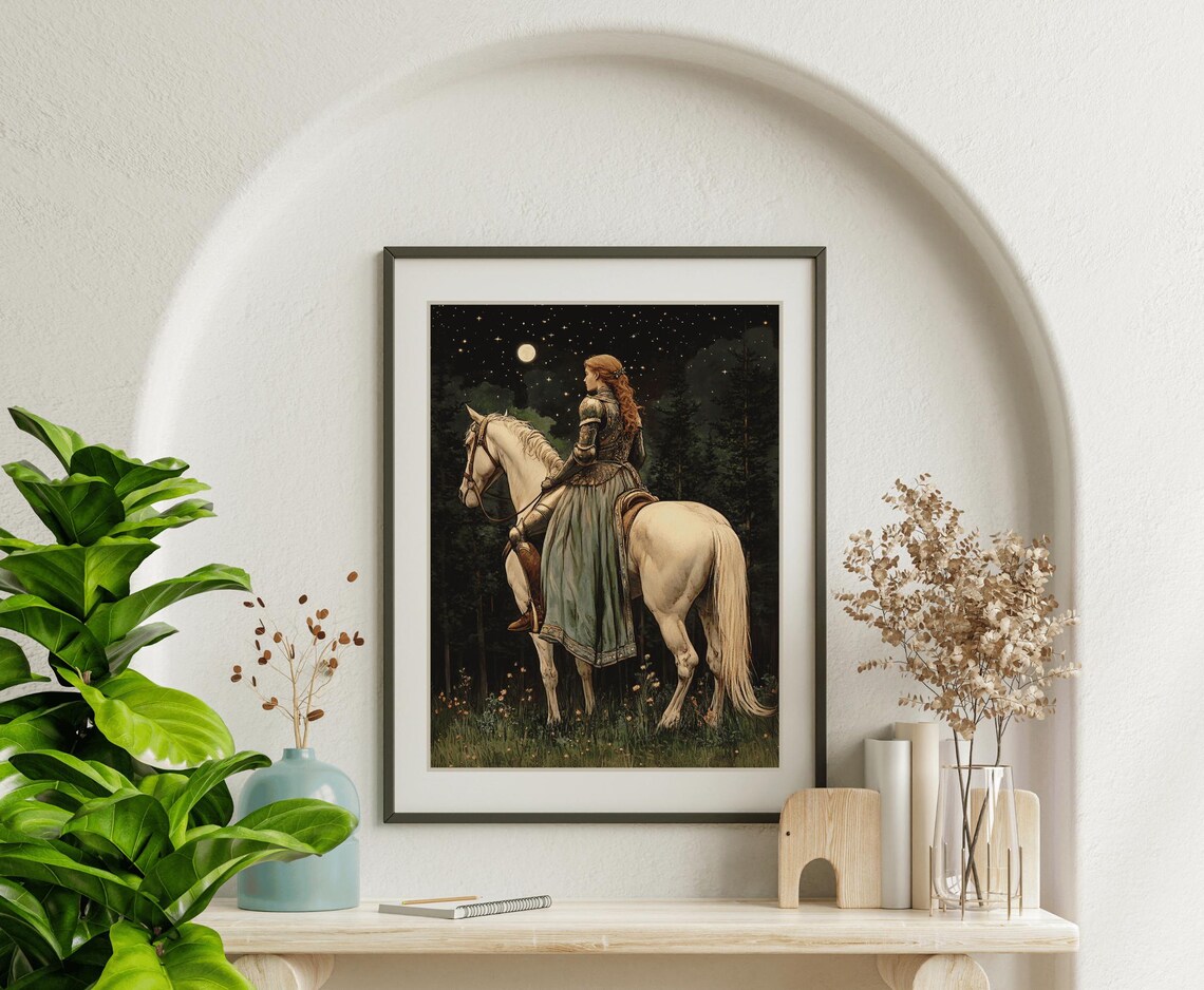 Lady Knight On White Horse Under Starry Moonlit Forest Sky Poster - Image 6