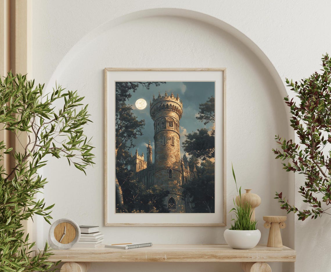 Moonlit Castle Tower Rising Above Dark Forest Trees Fantasy Poster - Image 4