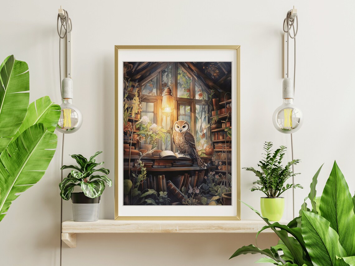Owl Cozy Greenhouse Library Books Plants Warm Lamp Bird Painting Poster - Image 2