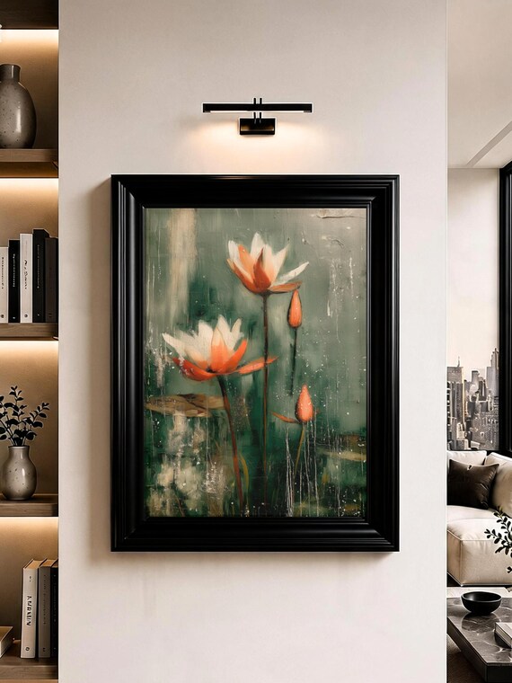 Lotus Flower Wall Art Green Botanical Oil Painting Print