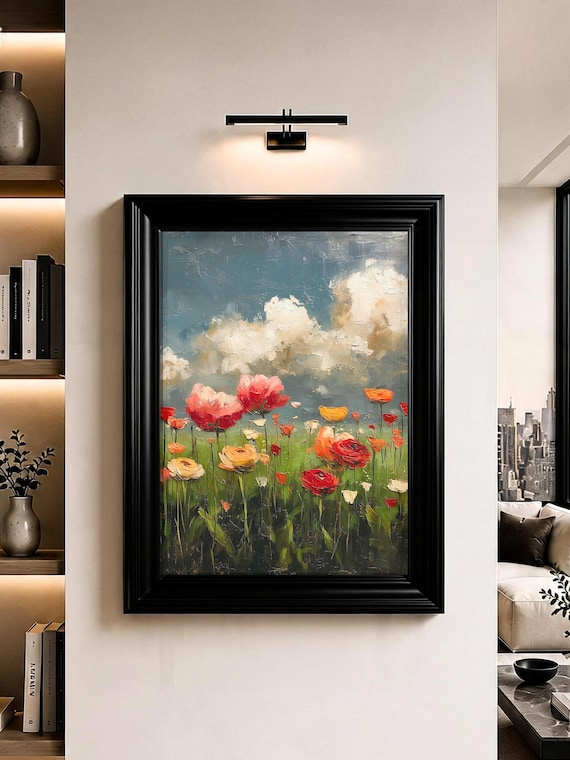Wildflower Meadow Poppies Under Cloudy Sky Oil Painting Poster