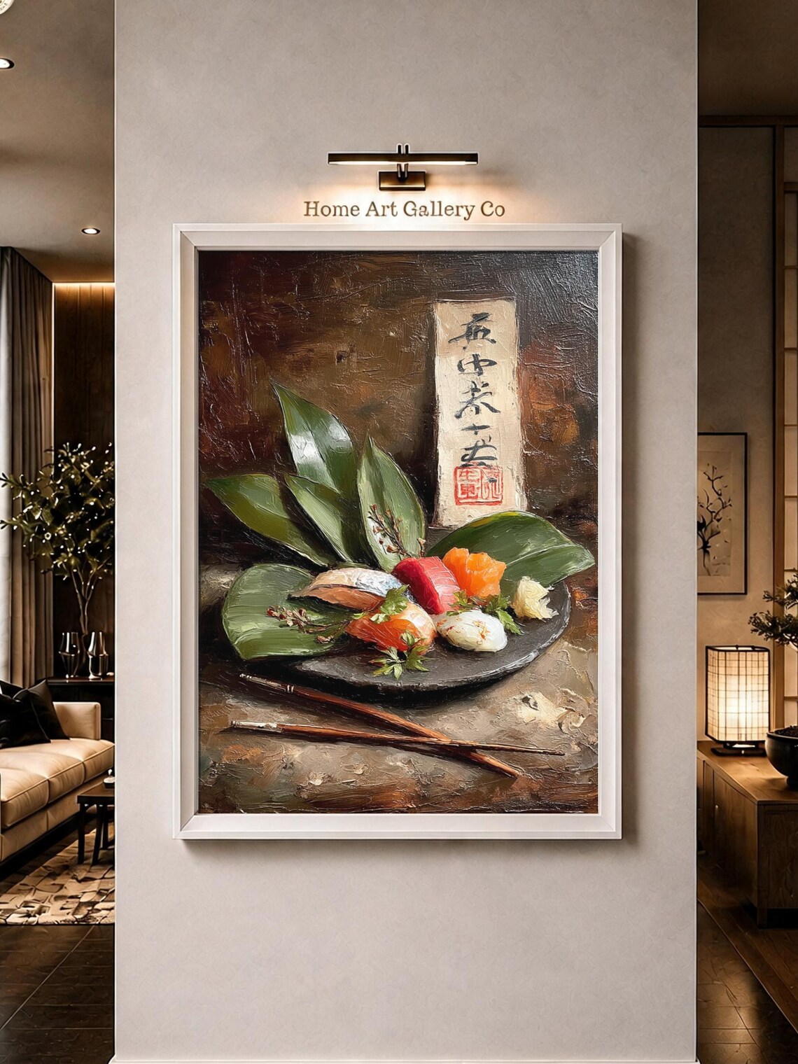 Sushi Nigiri Platter Oil Painting Japanese Calligraphy Kitchen Art Print