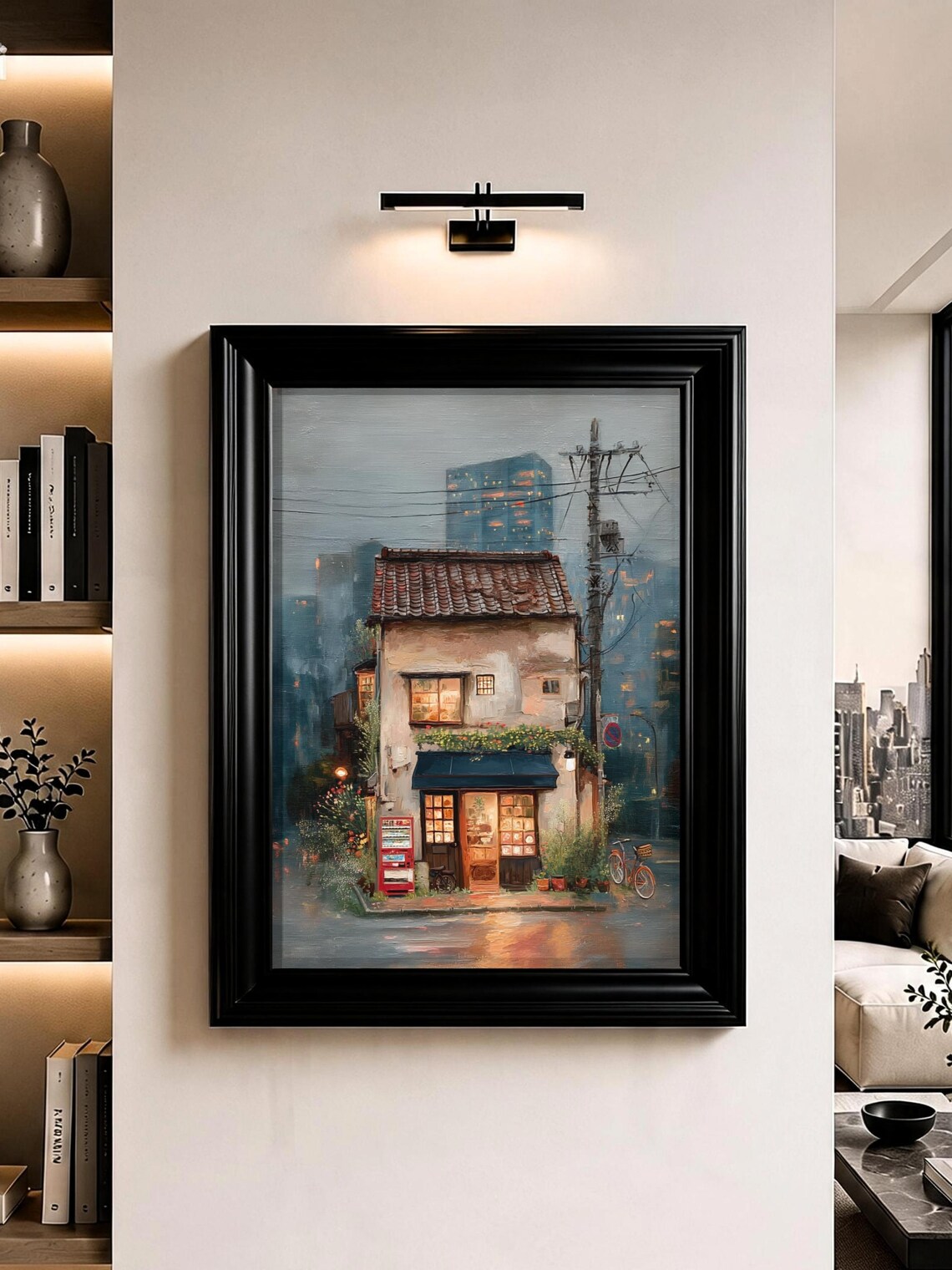 Tokyo Corner House Warm Lights Night Oil Painting Poster Home Decor
