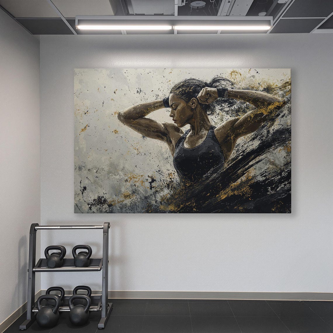 Determined Woman Adjusting Ponytail in Black Tank Splatter Art Poster - Image 6