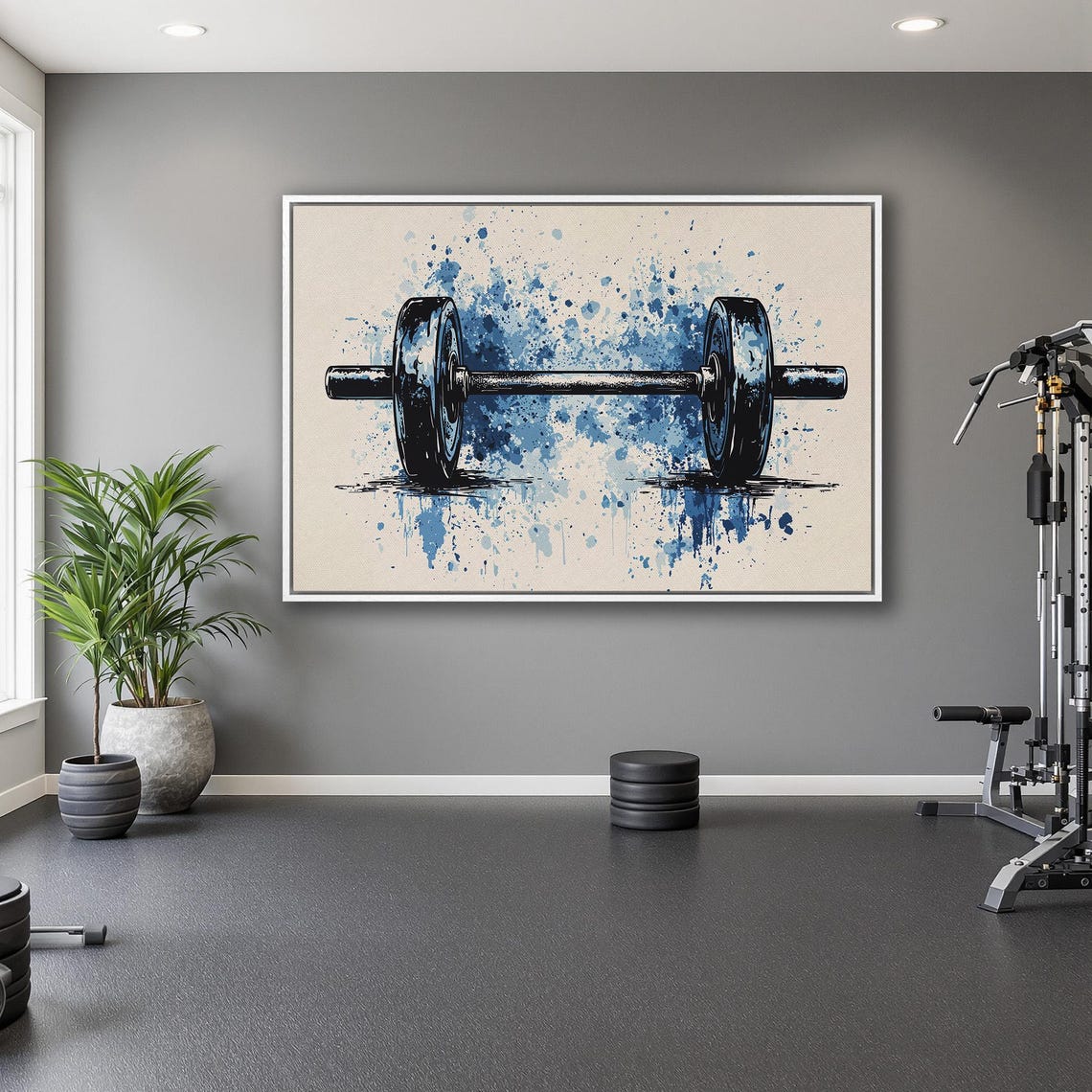 Ink Sketch Barbell with Blue Paint Splatter on Cream Sports Poster - Image 5