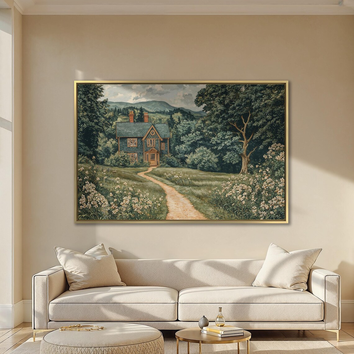 Blue Wooden Cottage In Wildflower Meadow Country Landscape Poster - Image 2