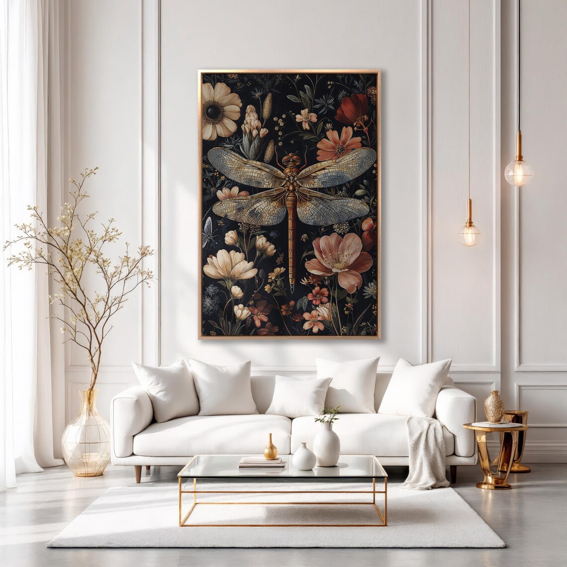 Golden Dragonfly Among Vintage Blooms On Black Floral Poster - Image 6