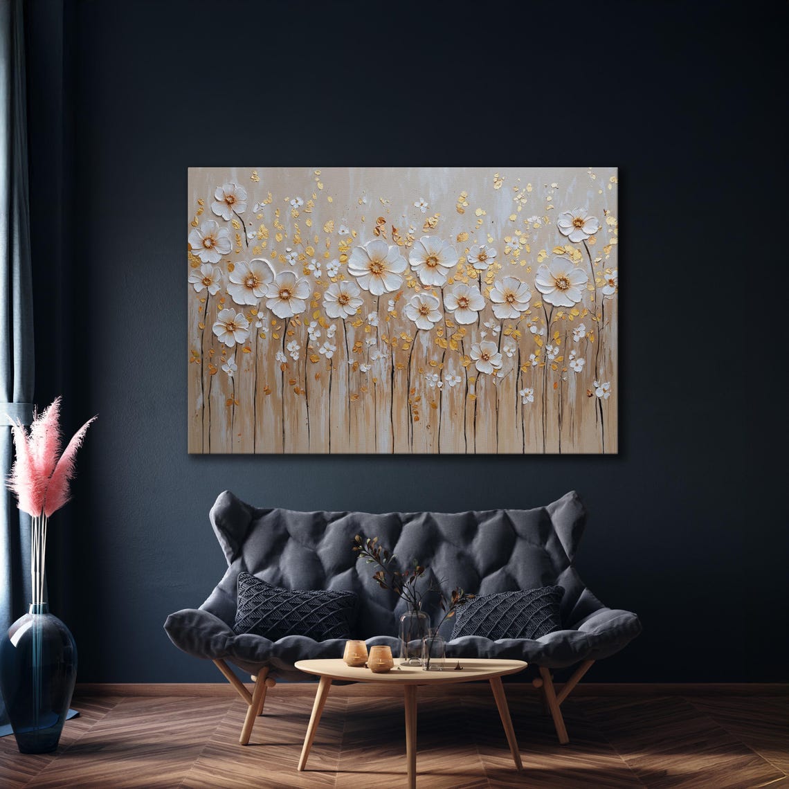 White Flowers Field with Gold Petals Impasto Meadow Elegant Art Poster - Image 4
