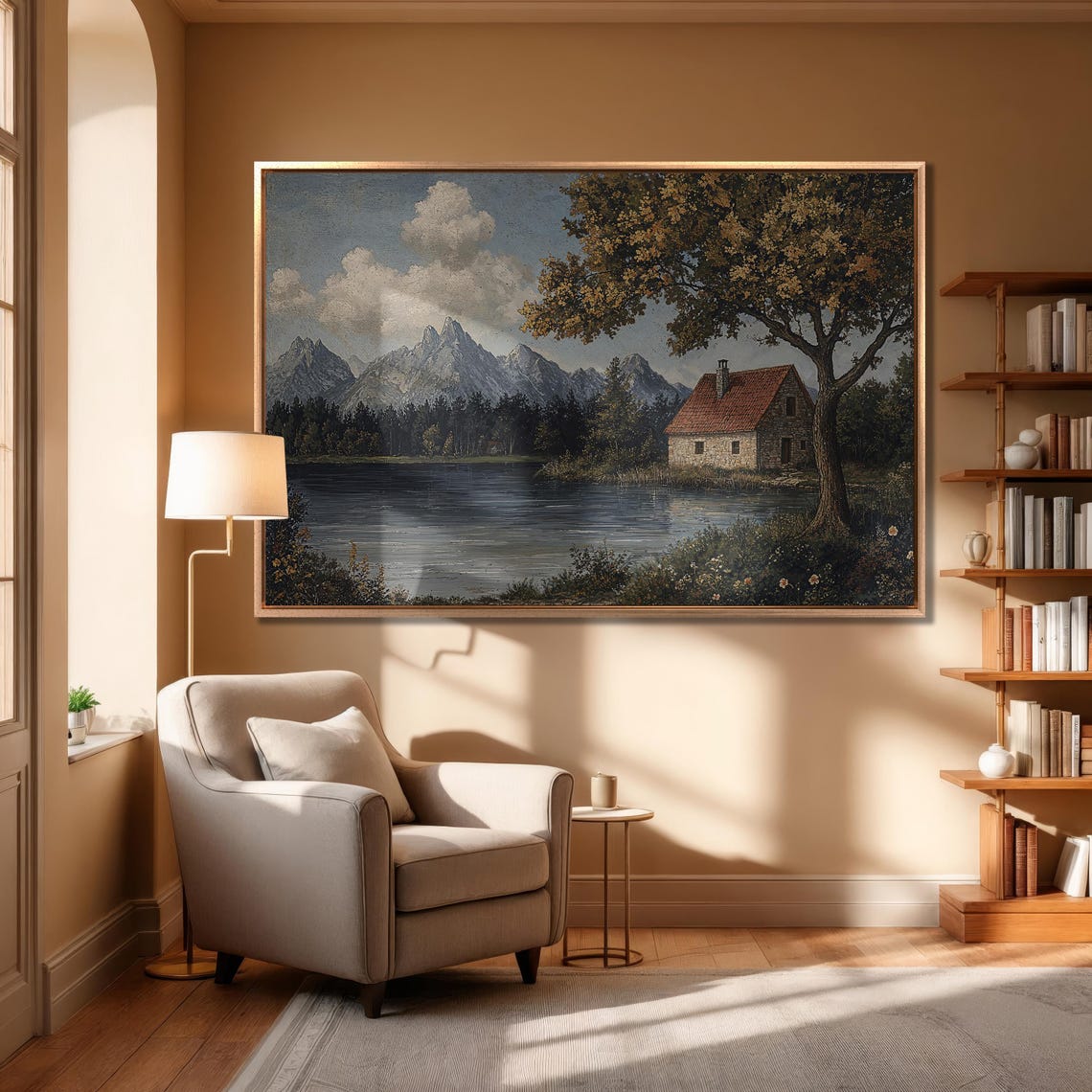 Stone Lakeside Cottage With Mountains Golden Tree Landscape Poster - Image 6
