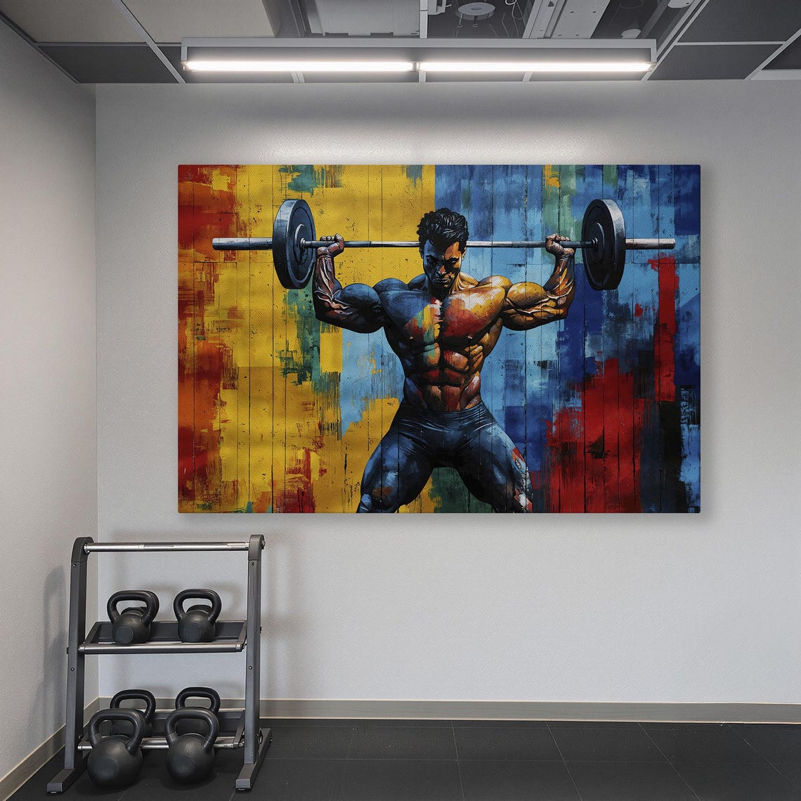 Muscular Male Bodybuilder Barbell Squat Colorful Abstract Gym Poster - Image 6