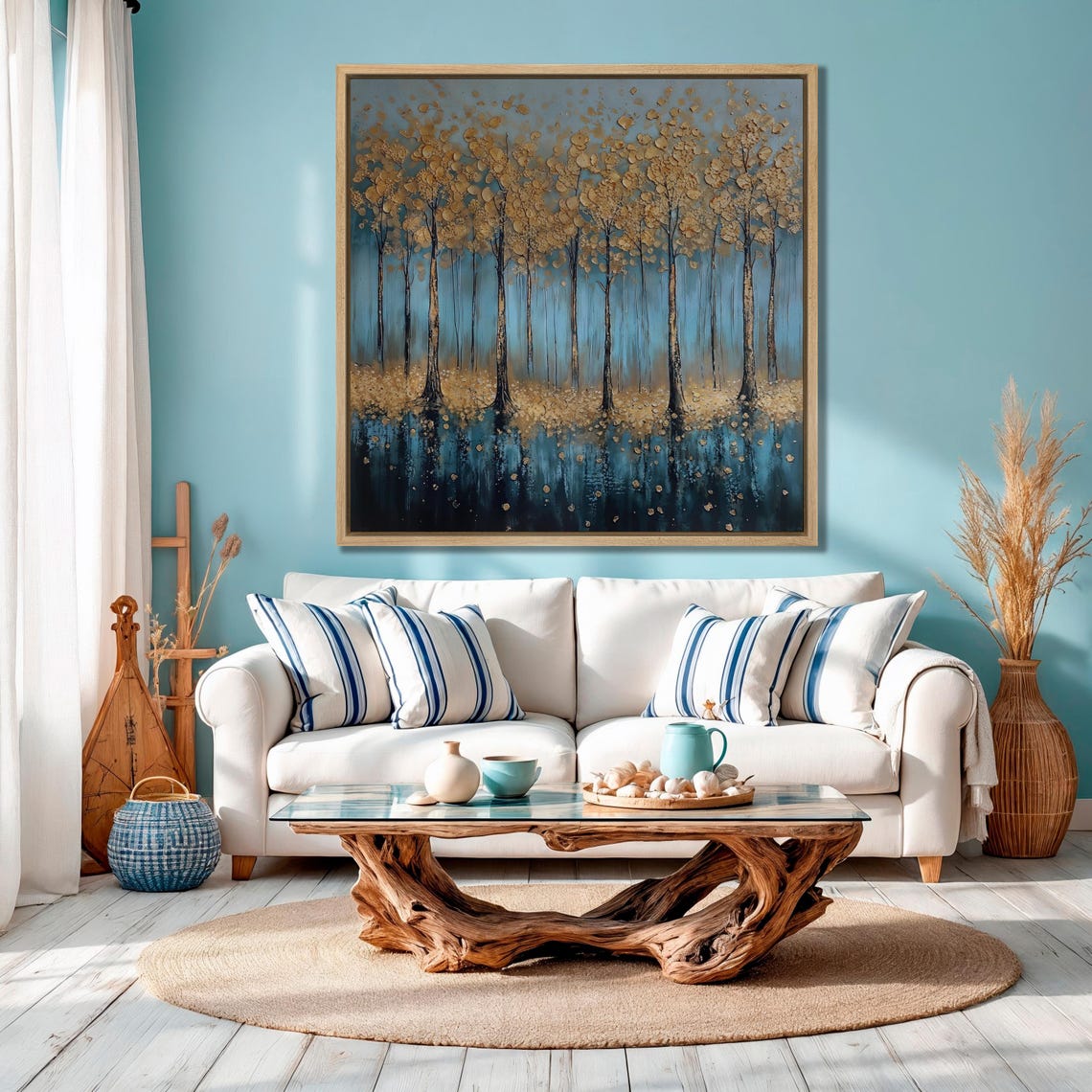 Teal And Gold Abstract Forest With Water Reflection Art Print - Image 4
