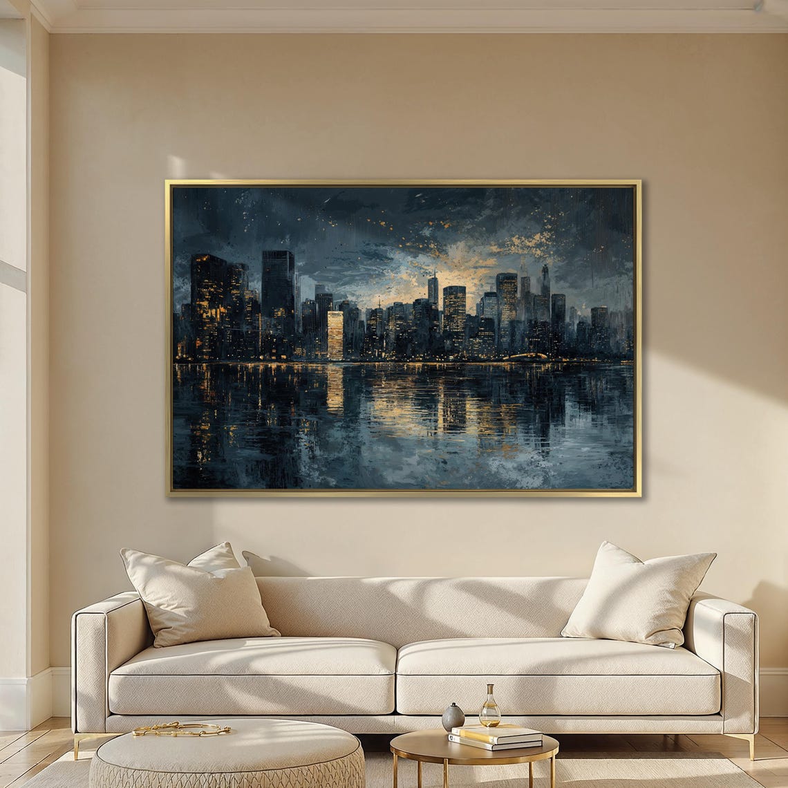 Night City Skyline with Glowing Lights Water Reflection Art Poster - Image 3
