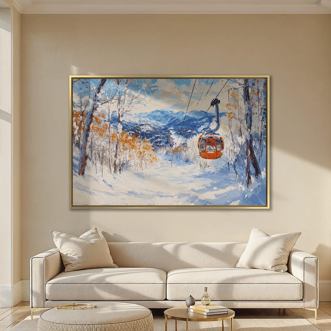 Orange Gondola Cabin Over Snowy Slope Birch Trees Ski Poster - Image 2