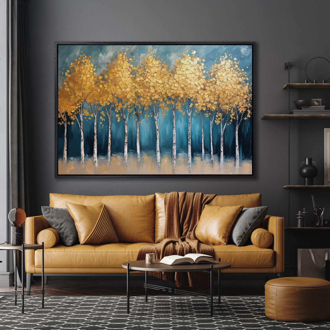 Golden Canopy Birch Trees by Teal Water Reflection Elegant Art Poster - Image 5