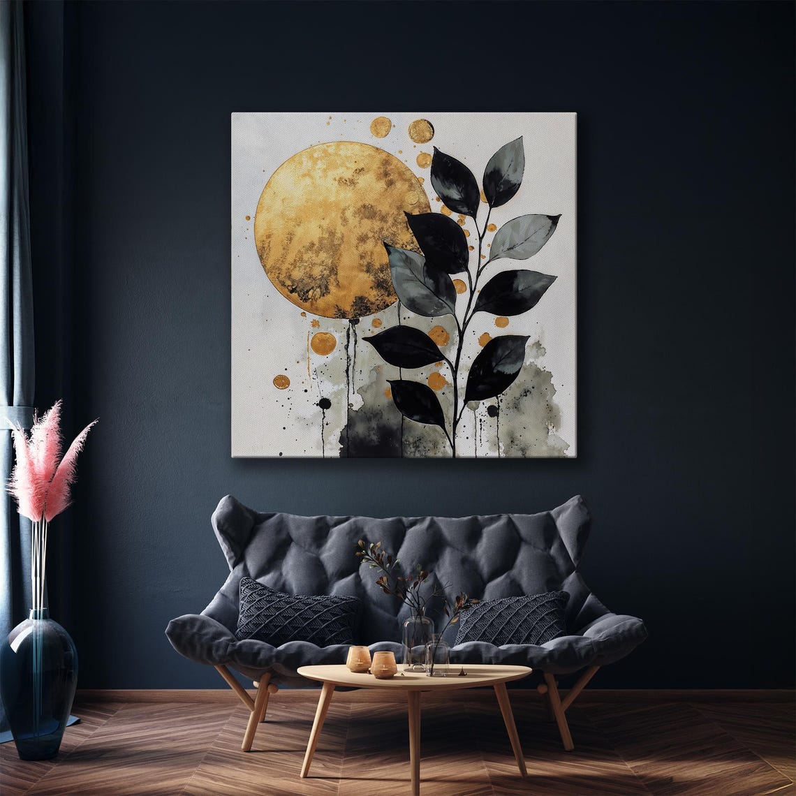 Gold Full Moon With Black Watercolor Leaves Botanical Poster - Image 4