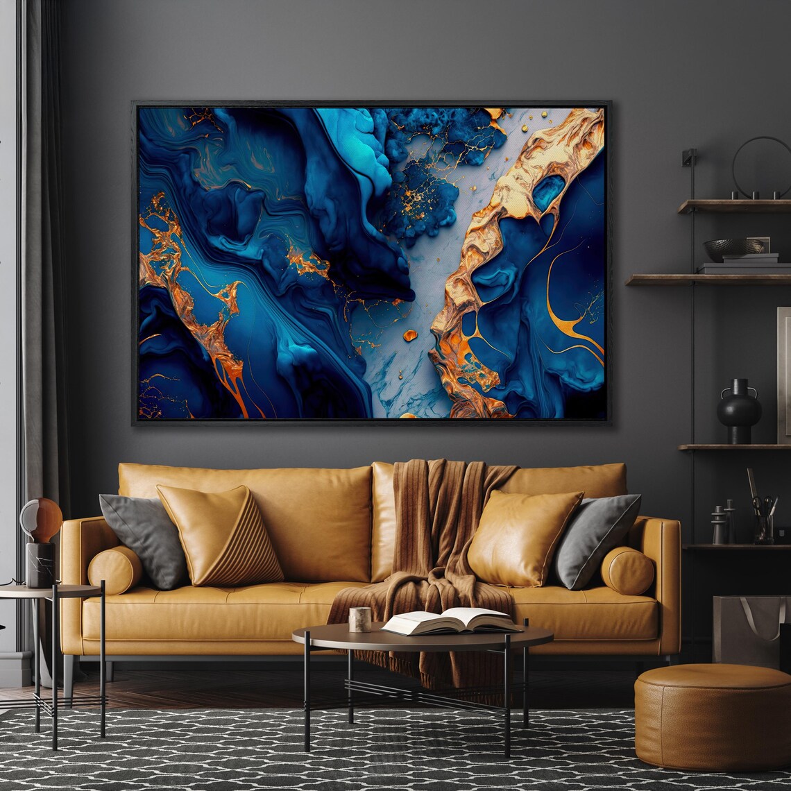 Blue and Gold Textured Marble Abstract Art Print - Image 5