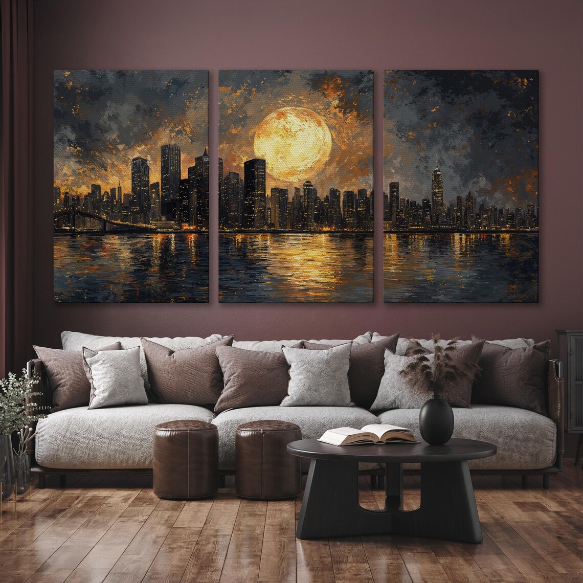 City Skyline With Full Moon Art Print, Urban Nightscape - Image 6