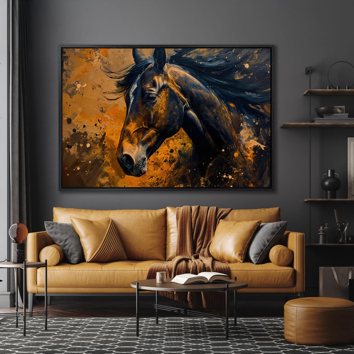 Dark Brown Horse Portrait Amber Paint Splash Rustic Wall Art - Image 5