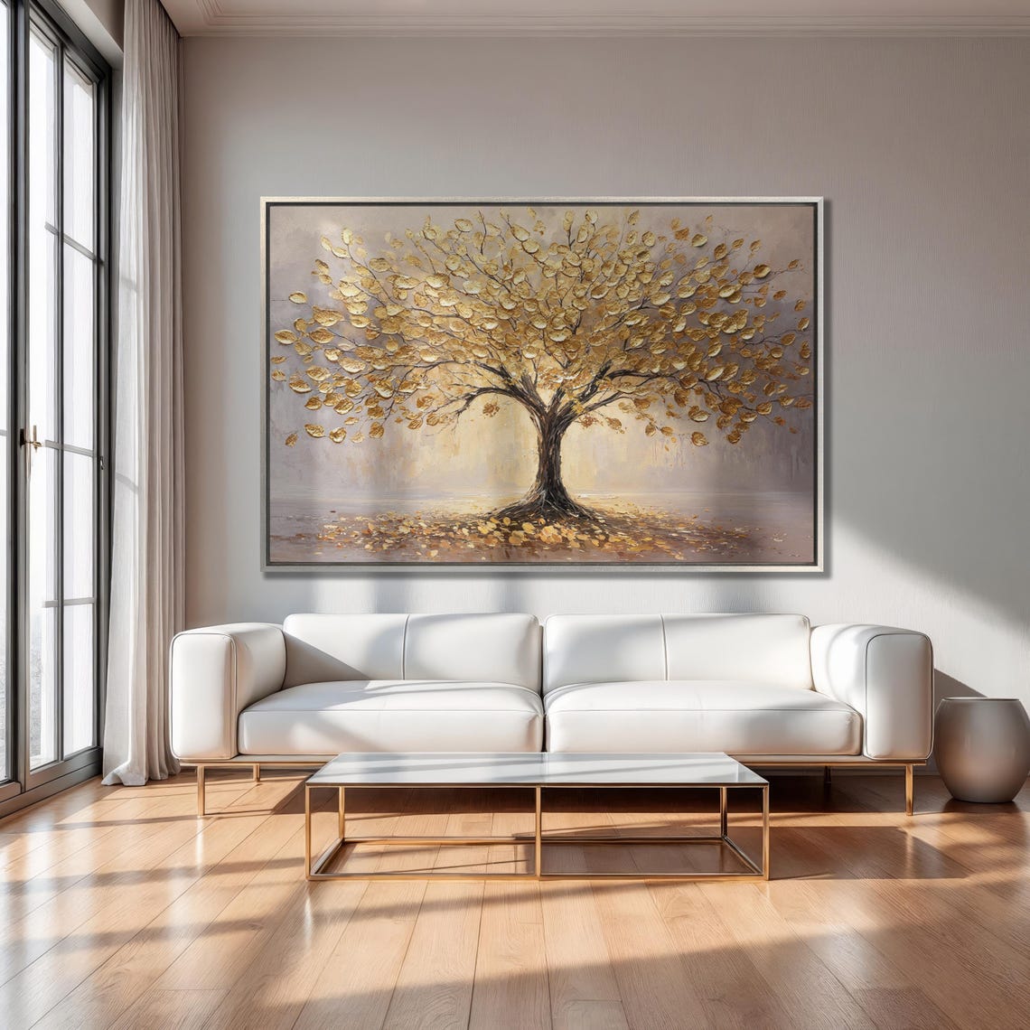 Gold Leaf Tree in Mist with Fallen Golden Leaves Nature Art Poster - Image 2